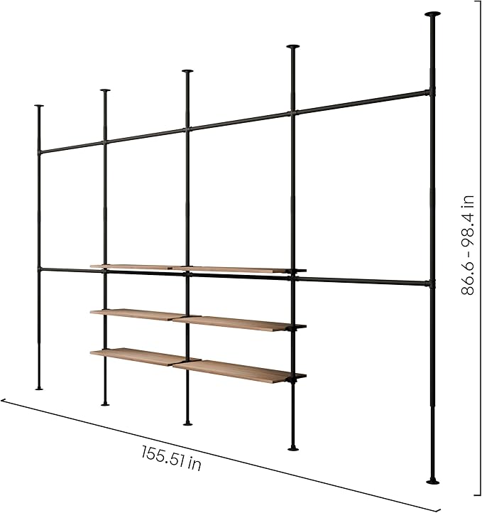 pamo Industrial Pipe Clothing Rack with Shelf - 660 lbs Capacity - Clamping Clothes Rack and Walk In Closet with Oak Shelf for Wardrobe