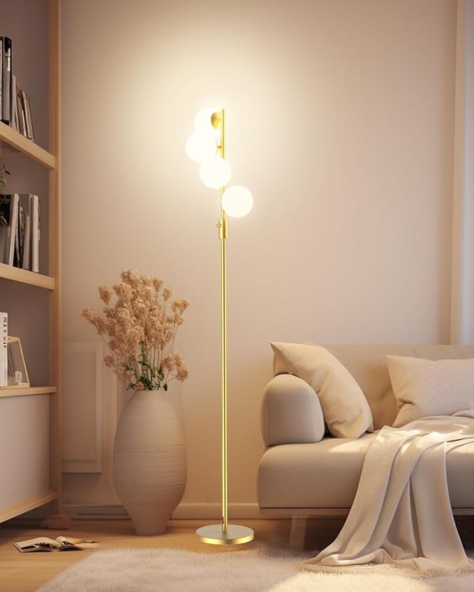 Gold Globe Floor Lamp Dimmable 64IN Tall Standing Lamps with Soft Warm White Eye Care 3000K G9 Bulbs, Mid Century Modern Floor Lamp for Living Room Bedroom