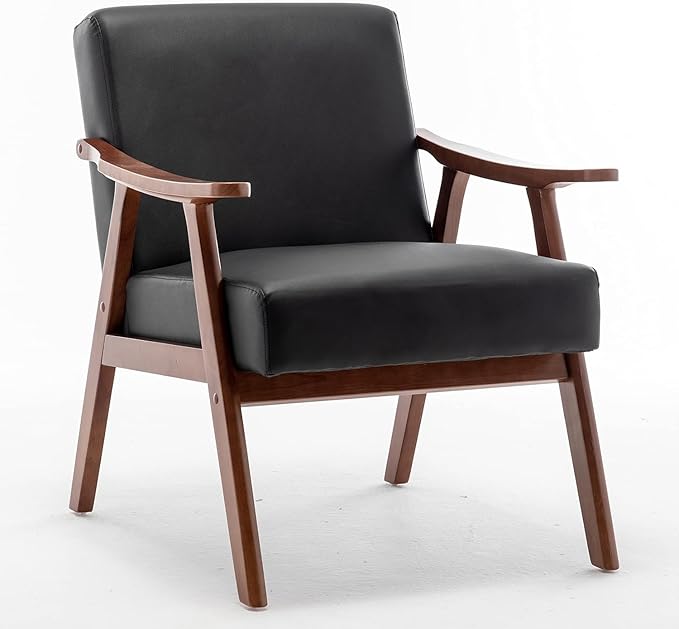 Accent Chair with Microfiber Upholstery and Solid Wood Frame, Classic Mid-Century Modern Living Room Furniture for Extra Seating, Black PU/PVC