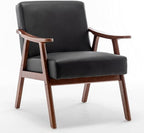Accent Chair with Microfiber Upholstery and Solid Wood Frame, Classic Mid-Century Modern Living Room Furniture for Extra Seating, Black PU/PVC