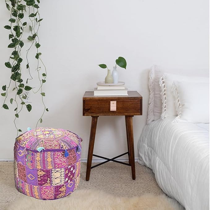 Aakriti Gallery Indian Pouf Footstool Ethnic Embroidered Pouf Cover, Indian Cotton Round Pouffe Ottoman Pouf Cover Pillow Ethnic Decor Art - Cover Only (Purple, 18x13)