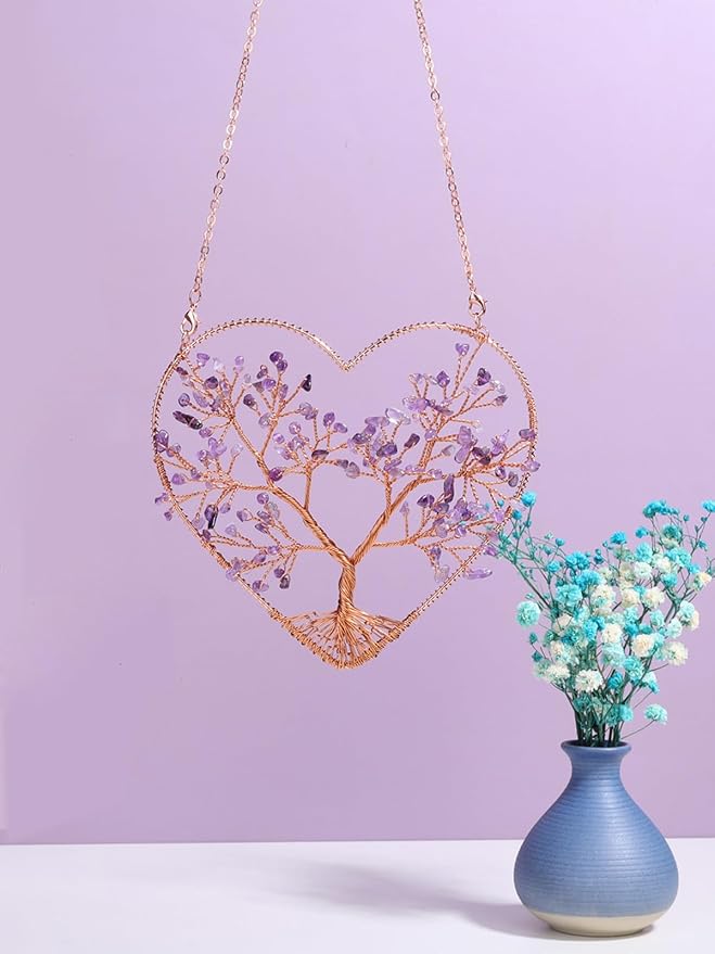 MANIFO Amethyst Crystal Tree Life Hanging Ornament Heart Healing Crystal Gemstone Hanging Decoration for Home Garden Window Wall Gifts