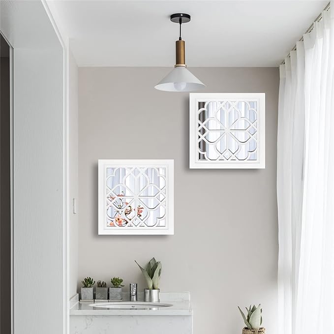 Wocred Set of 2 Mirrors Square Wall Mirror,Gorgeous Rustic Farmhouse Accent Mirror,White Color Entry Mirror for Bathroom Renovation,Bedrooms,Living Rooms and More(12”x12”)