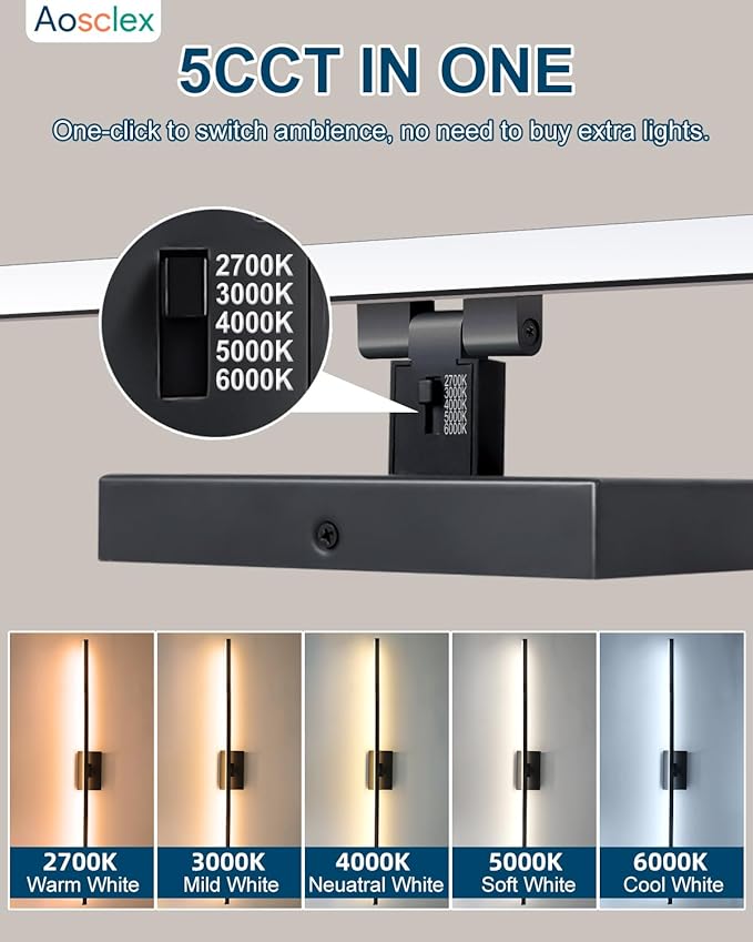 Bathroom Lights Over Mirror, 48 Inch 32W IP44 Black Modern Vanity Light, 5CCT Adjustable (2700K–5000K), Dimmable LED Light Fixture, Dual-Sided, 180° Rotatable Angle, ETL