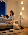 Black Dimmable Floor Lamp with Table, Unique Candle Holder Style Tall Standing Lamps with 3000K G9 Bulbs for Reading, Mid Century Modern Floor Lamp for Living Room Bedroom Office