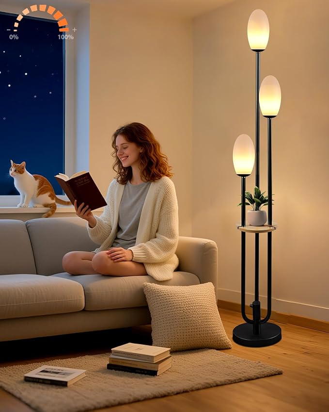 Lightdot Black Dimmable Floor Lamp with Table, 63IN Mid-Century Oval Floor Lamps with BulbsIncluded, 3-Lights Candle Holder Style Modern Tall Standing Lamp for Living Room/Sofa Beside/Corner Decor
