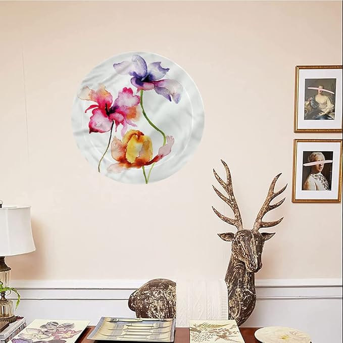 Ceramic Display Plate, Floral Ceramic Hanging Decorative Plate, Vibrant Tones Summer Flowers, 8 Inch, Living Room Kitchen Decoration Household, Multicolor