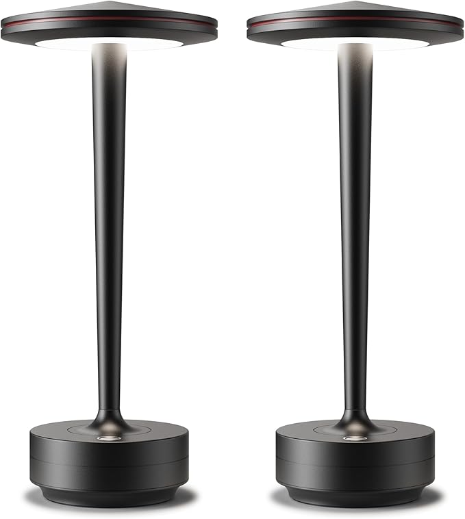 Cordless Table Lamp Rechargeable,6000mAh Battery Operated LED Desk Lamp 3 Color Stepless Touch Dimming,Waterproof Portable Memory Function Light for Bedroom,Outdoor,Patio,Dining,Restaurant Black 2P