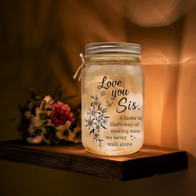 A Sister Is God's Way We Never Walk Alone Lighting – Birthday Gift for Sister – Mason Jar With Lights Gift Ideas With Sentimental Quote – Big or Little Sisters Present – Thoughtful Gifts for Sisters
