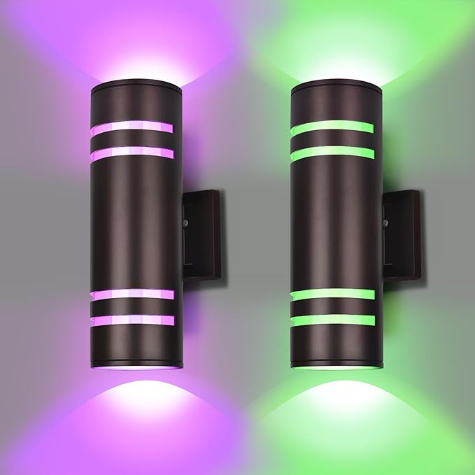 Smart Outdoor Wall Lights Color Changing 2 Pack, RGB+2700K-6500K Modern Exterior Lighting Fixtures Cylinder Outside Wall Sconce with Glass, WiFi APP Control Up Down Outdoor Porch Lights