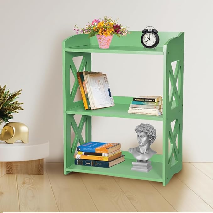 Green Bookcase by Natural Wood, 3 Tier Bookshelf, Small Book Shelves Freestanding Display Storage Shelves. Open Bookshelf for Bedroom, Living Room and Office (Green, 3 Tier)