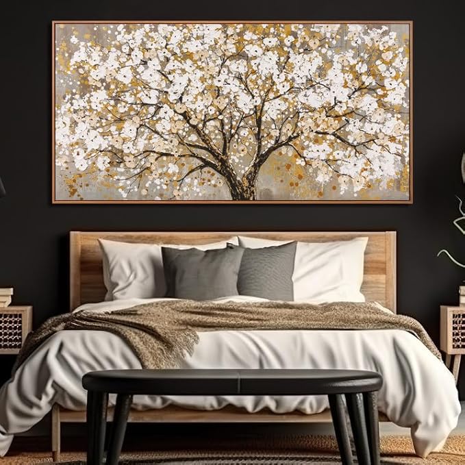 Large Wall Art Print Gold Abstract Tree Of Life Framed Modern Artwork Canvas Painting Gold Tree Pictures Home Decor Ready To Hang For Bedroom Living Room 29" X 58"
