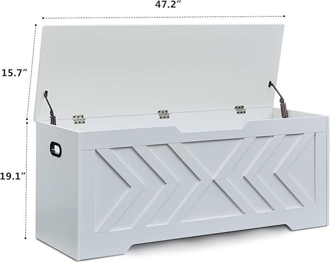 Storage Chest Extra Large,Storage Trunk with 2 Safety Hinges,Wooden Storage Bench,Shoe Bench,47.2x15.7x19.1 Inch,Easy Assembly,Storage Bench for Bedroom,Living Room,entryway (White, 47.2x15.7x19)
