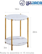 Small Round Side Table, 2-Tier Gold End Table with Faux Marble Top for Small Spaces, Modern Side Table for Living Room, Couch, or Bedroom Nightstand (1 pcs Gold, Round)