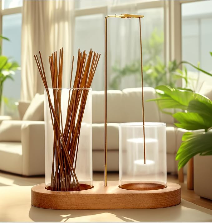 2 in 1 Glass Incense Holder for Sticks with 9-Hole Upright Burner, Ash Catcher, Brush & Greeting Card, Meditation & Yoga Accessories,Gift for Home Decor (Dark Base)