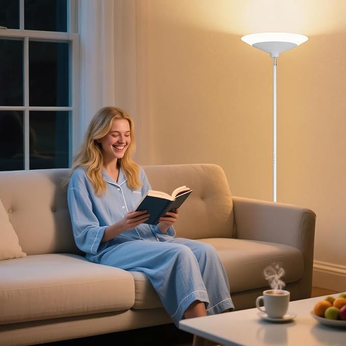 White Torchiere Floor Lamp - 30W Dimmable LED Standing Lamp with Remote/Button Control, 1800Lm, 3000-6500K, 72in Bright Standing Pole Light for Living Room Bedroom Office Corner