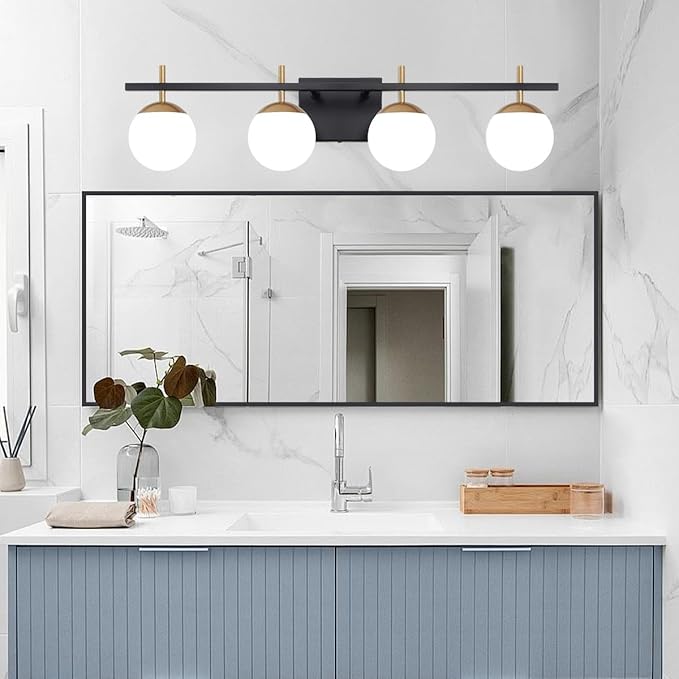 4-Light Modern Vanity Light for Bathroom, Black and Gold Bathroom Lighting Fixtures Over Mirror, White Frosted Glass Vanity Lights Globe Wall Lamp Sconces for Hallway Stairway Living Room