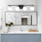 4-Light Modern Vanity Light for Bathroom, Black and Gold Bathroom Lighting Fixtures Over Mirror, White Frosted Glass Vanity Lights Globe Wall Lamp Sconces for Hallway Stairway Living Room