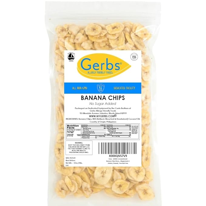 Gerbs Unsweetened Banana Chips 2 lbs. | Unsulfured, No Artificial Additives, Resealable Bag | Naturally Crisp & Mildly Sweet | Top 14 Allergen-Free