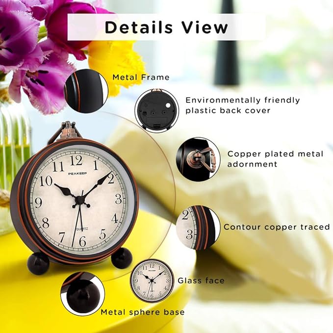 Peakeep 4" Small Battery Operated Antique Retro Analog Alarm Clock with Contour Lines in Gold for Room Decors, Silent Elegant Bedside Desk Gift Clock