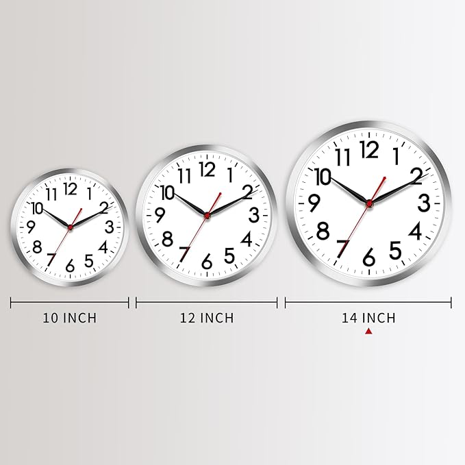 AKCISOT Wall Clock 14 Inch Large Silent Wall Clocks Battery Operated, Silver Modern Non-Ticking Clock Decorative for Living Room,Kitchen,Bathroom,Bedroom,Office,Home,Classroom,School