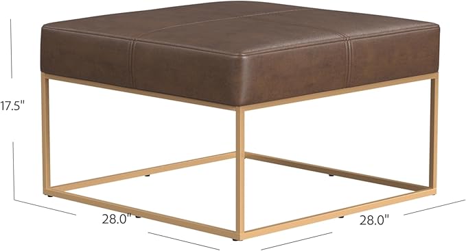 Homepop Decorative Large Square Gold Metal Ottoman | Ottoman Stool for Living Room & Bedroom | Decorative Home Furniture (Brown Faux Leather)