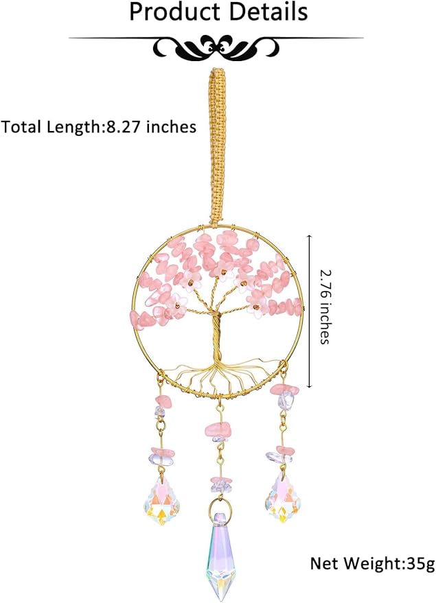 CrystalTears Rose Quartz Crystal Tree Life Hanging Ornament for Wall Window Home Room Decor, Pink Feng Shui Healing Crystals Gemstone Glass Suncatcher Car Ornament, Crystal Gifts for Women Christmas