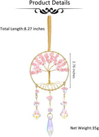 CrystalTears Rose Quartz Crystal Tree Life Hanging Ornament for Wall Window Home Room Decor, Pink Feng Shui Healing Crystals Gemstone Glass Suncatcher Car Ornament, Crystal Gifts for Women Christmas