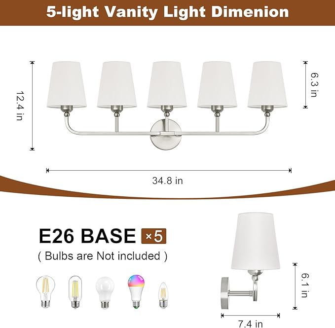 Kvhilw Bathroom Vanity Light, Brushed Nickel Bathroom Light Fixtures, 5-Light Lighting Fixtures Over Miror, Modern Wall Sconce with Flared White Fabric Shade, E26 Socket(ETL Listed)