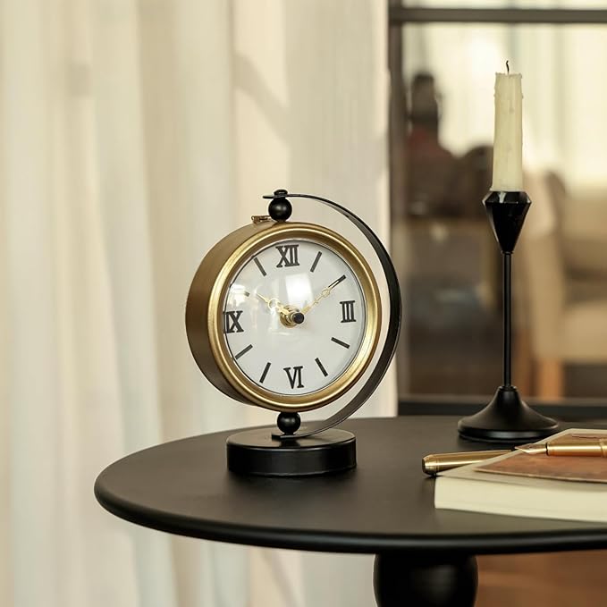 NIKKY HOME Gold Table Clock, Vintage Desk Clock Silent Non-Ticking Battery Operated Decorative Mantel Desk Shelf Clock for Living Room Decor