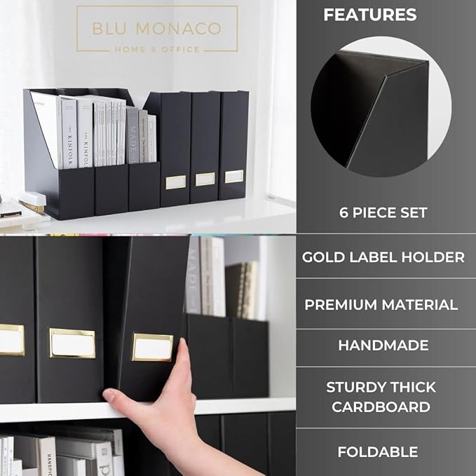 BLU MONACO | Cardboard Magazine File Holder Set of 6 Black | Vertical Magazine File Holder with Gold Label Slots | Standing File Holder and Cardboard Bins for Shelves Desk Storage