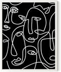 Abstract Face Pattern Wall Art Black Background White Continuous Line Drawing 11x14 Inch Oak Wood White Framed Modern Diverse Portrait for Living Room Decor