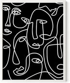 Abstract Face Pattern Wall Art Black Background White Continuous Line Drawing 11x14 Inch Oak Wood White Framed Modern Diverse Portrait for Living Room Decor