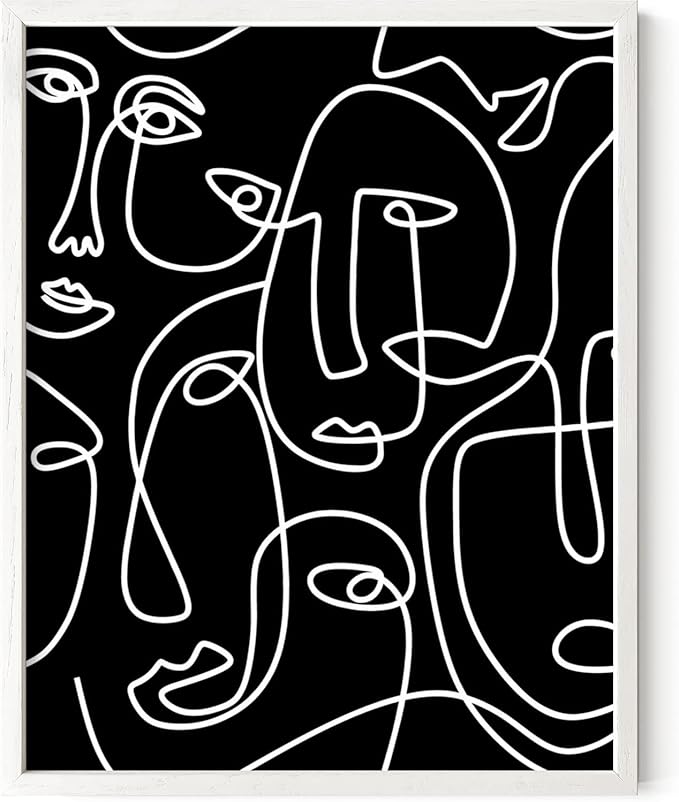 Abstract Face Pattern Wall Art Black Background White Continuous Line Drawing 11x14 Inch Oak Wood White Framed Modern Diverse Portrait for Living Room Decor