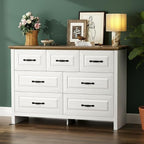 Marsail Farmhouse 7 Drawer Dresser, Wood Chest of Drawers with Natural Texture, Smooth Gliding Drawers, Versatile Storage Organizer Cabinet for Bedroom & Living Room, White and Brown
