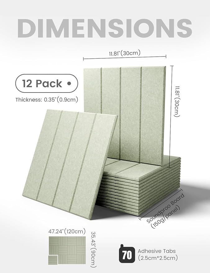 Fluxynara Felt Bulletin Board Tiles Large 48" x 36" Cork Board Alternative-12 Pack with 70 Adhesive Tabs, Thick Slat Wall Panels for Office Decor, Push Pin Board Wall Organizer Alternative-Sage Green