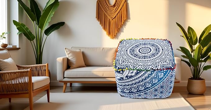 CRAFT KALA Indian Square Patchwork Traditional Pouf Cover Indian Living Room Poufs Cover Decorative Designer Ottoman Pom Pom Home Living Footstool Chair Cover Ottoman Decor 18X18X14 inches, Blue Ombre