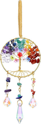 CrystalTears Chakra Crystal Tree Life Hanging Ornament for Wall Window Home Room Decor, Handmade Feng Shui Healing Crystals Gemstone Glass Suncatcher Car Ornament, Crystal Gifts for Women Christmas