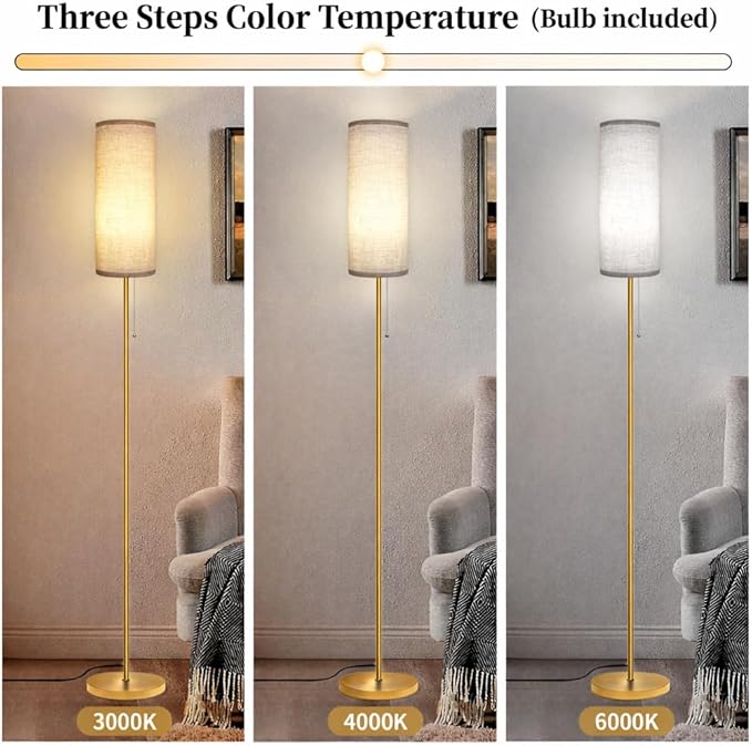 Modern Floor Lamp for Living Room, Gold Standing Lamps with 3 Color Temperatures Bulb, Minimalist Tall Lamp with Chain Switch for Bedroom, LED Bulb Included(Beige Shade+Gold)