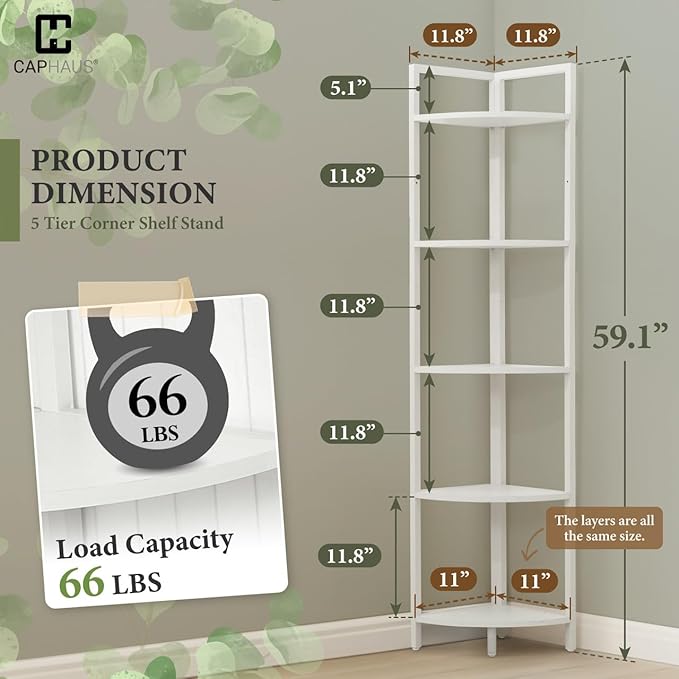CAPHAUS 5-Tier Corner Shelf, Tall 59.1-Inch White Metal Frame Display Rack, Bookshelf Unit for Bathroom, Living Room, Home, Office