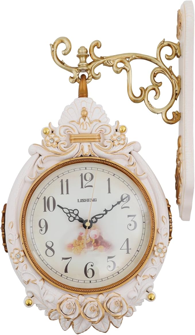 Cream Double Sided Large Wall Clock, Elegant, Traditional, Vintage Style 360° Rotating Metal Wall Clock, Indoor Outdoor Office Living Room Porch Clock Wall Decor (Cream Double Sided Clock)