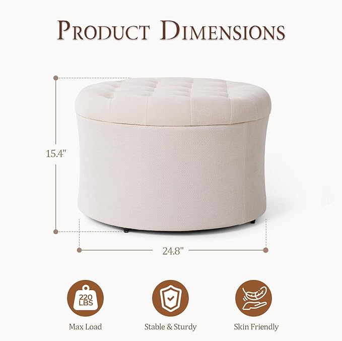 ONBRILL 25" Ottoman with Storage, Round Pouf Ottoman Foot Rest, Small Storage Foot Stool for Couch Bedroom Living Room, Books, Blankets & Kid's Toy Box, Load up to 220 lbs, Beige