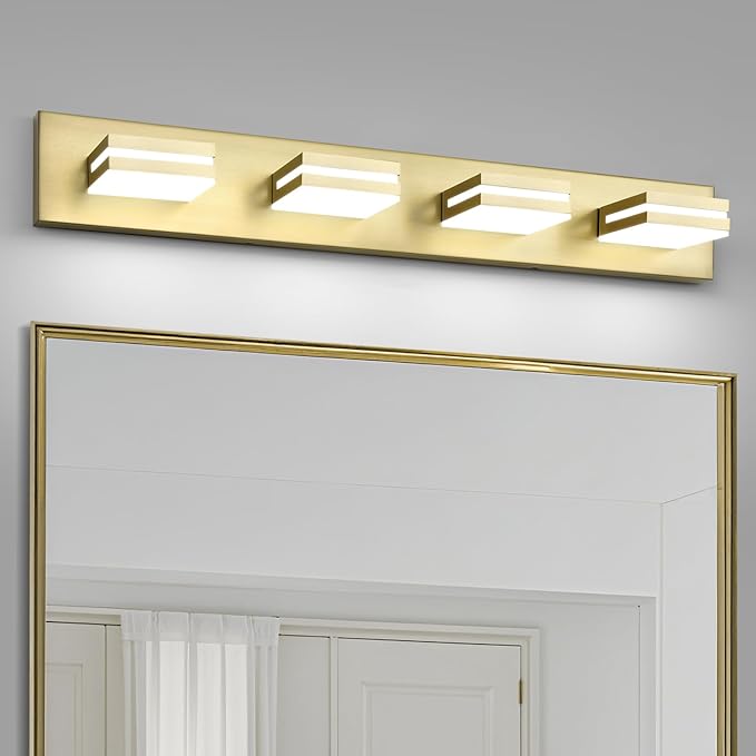 OKELI 5 Lights Bathroom Vanity Light Fixtures Gold LED Dimmable Vanity Light Over Mirror Modern Wall Mounted Lighting Fixture, 350° Rotatable Lamp Head 24W Cold White 6000K ETL Listed