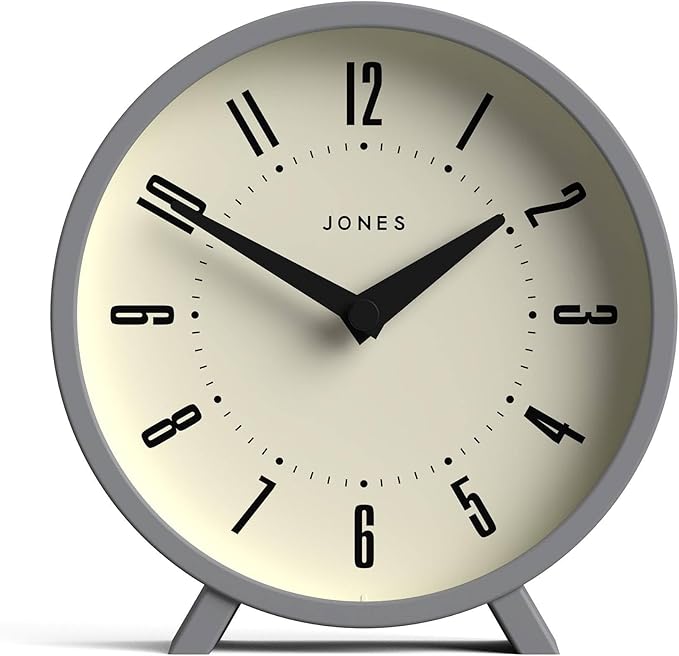 JONES CLOCKS® Venus Desk Clock | Modern Round Design | Gray | Stylish Retro Look for Shelf, Table, Mantel or Bedside