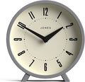 JONES CLOCKS® Venus Desk Clock | Modern Round Design | Gray | Stylish Retro Look for Shelf, Table, Mantel or Bedside