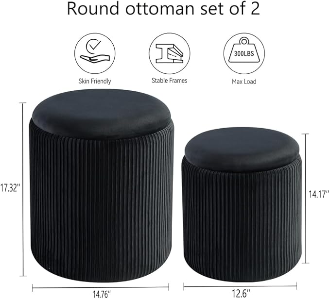 Round Ottoman with Storage Set of 2-Upholstered Velvet Vanity Stool for Makeup Multifunctional Ottomans Coffee Table Padded Seat Foot Rest for Living Room&Bedroom (Black-Upgrade Taray Lid)
