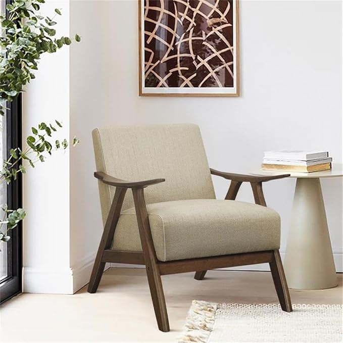 Lexicon Mid Century Modern Accent Chair with Solid Wood Frame in Walnut Finish, Upholstered Living Room Lounge Arm Chair, Thick and Comfy Innerspring Seat Cushion, Linen-Look Fabric, Light Brown