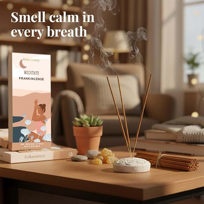 Folkulture Frankincense Incense Sticks with Holder (100 Sticks)| Incents Stick for Meditation, Relaxation, Gifts | No Charcoal,Organic,Non Toxic, 45 Mins Slow Burning Insence - Yoga Inspired