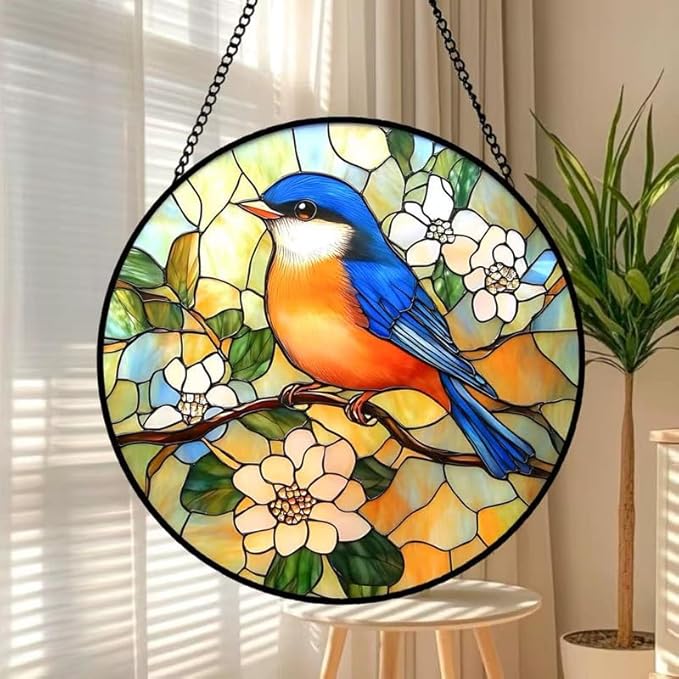 Bluebird Stained Glass Suncatcher – Tiffany Style Blue & Orange Bird Window Hanging, Round Glass Sun Catcher with Flowers for Home Window Decor, Nature Lover Gift