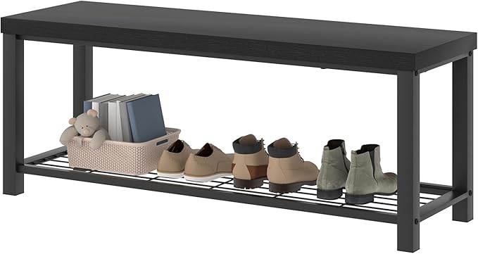 EXCEFUR Entryway Bench, Modern Wood and Metal Storage Bench for Hallway Front Door Entrance, Industrial Indoor Shoe Rack Bench Seat for Bedroom Living Room, 43.3 Inch Black